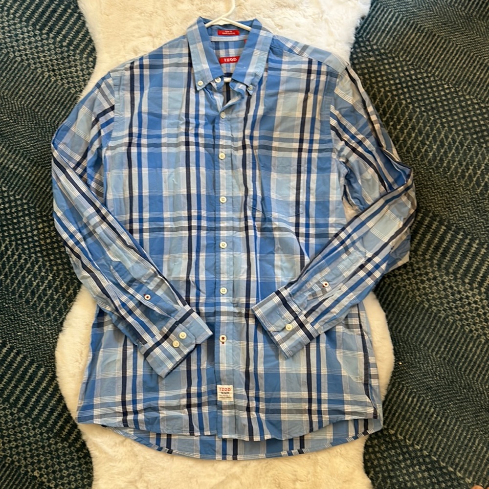 IZOD 100% Cotton Blue Plaid Men’s Slim Fit Medium Dress Shirt